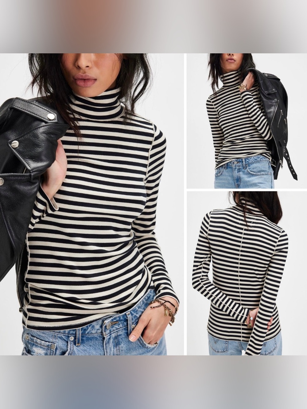NWOT Free People We The Free Good Good Stripe Turtleneck- black ivory combo - XS